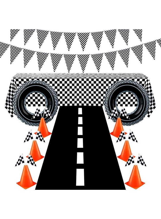30 Pcs Checkered Racing Car Party Decorations Checked Race Flag Tablecloth Mini Traffic Cones Racing Pennant Banner Race Track Running Mat Tire Tubes Swimming For Decor (Black White Tablecloth)