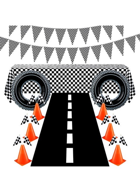 30 Pcs Checkered Racing Car Party Decorations Checked Race Flag Tablecloth Mini Traffic Cones Racing Pennant Banner Race Track Running Mat Tire Tubes Swimming For Decor (Black White Tablecloth)