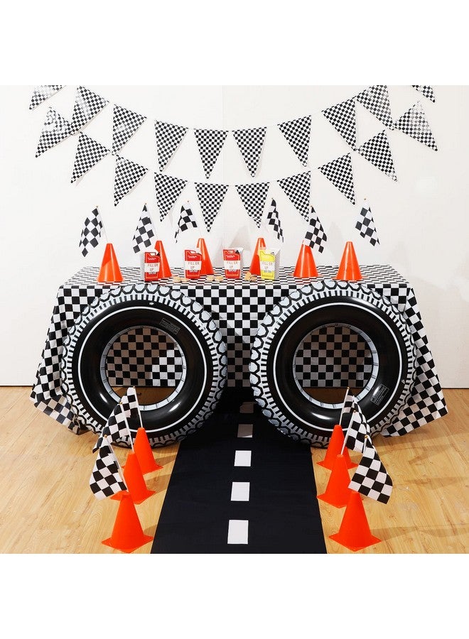 30 Pcs Checkered Racing Car Party Decorations Checked Race Flag Tablecloth Mini Traffic Cones Racing Pennant Banner Race Track Running Mat Tire Tubes Swimming For Decor (Black White Tablecloth)