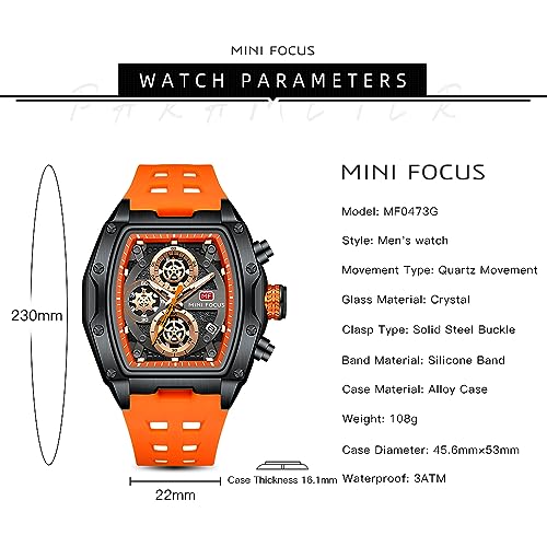 MF MINI FOCUS Men Watch Unique Tonneau Casual Wrist Watches (Chronograph/Waterproof/Luminous/Calendar/24 Hours) Silicon Band Fashion Watch for Men (Black & Orange), (MF0473G.03) - Image 4
