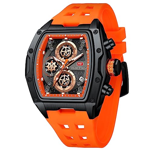 MF MINI FOCUS Men Watch Unique Tonneau Casual Wrist Watches (Chronograph/Waterproof/Luminous/Calendar/24 Hours) Silicon Band Fashion Watch for Men (Black & Orange), (MF0473G.03) - Image 1