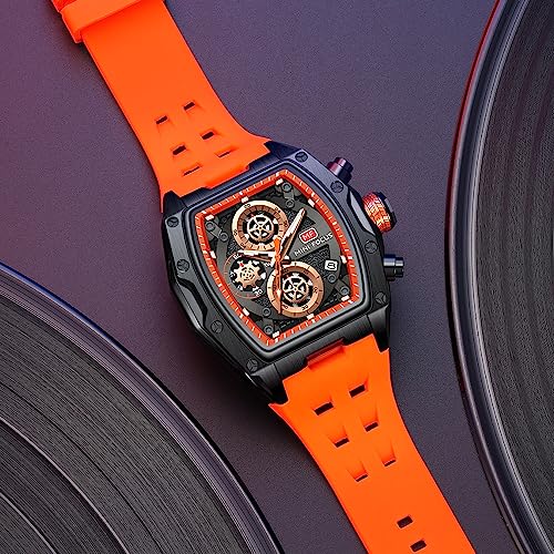 MF MINI FOCUS Men Watch Unique Tonneau Casual Wrist Watches (Chronograph/Waterproof/Luminous/Calendar/24 Hours) Silicon Band Fashion Watch for Men (Black & Orange), (MF0473G.03) - Image 2