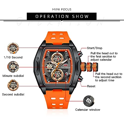 MF MINI FOCUS Men Watch Unique Tonneau Casual Wrist Watches (Chronograph/Waterproof/Luminous/Calendar/24 Hours) Silicon Band Fashion Watch for Men (Black & Orange), (MF0473G.03) - Image 5