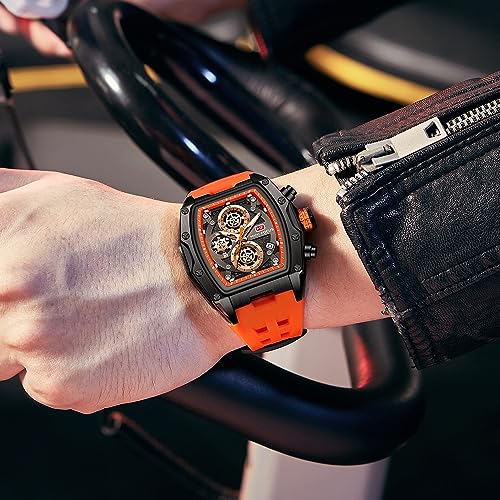 MF MINI FOCUS Men Watch Unique Tonneau Casual Wrist Watches (Chronograph/Waterproof/Luminous/Calendar/24 Hours) Silicon Band Fashion Watch for Men (Black & Orange), (MF0473G.03) - Image 3