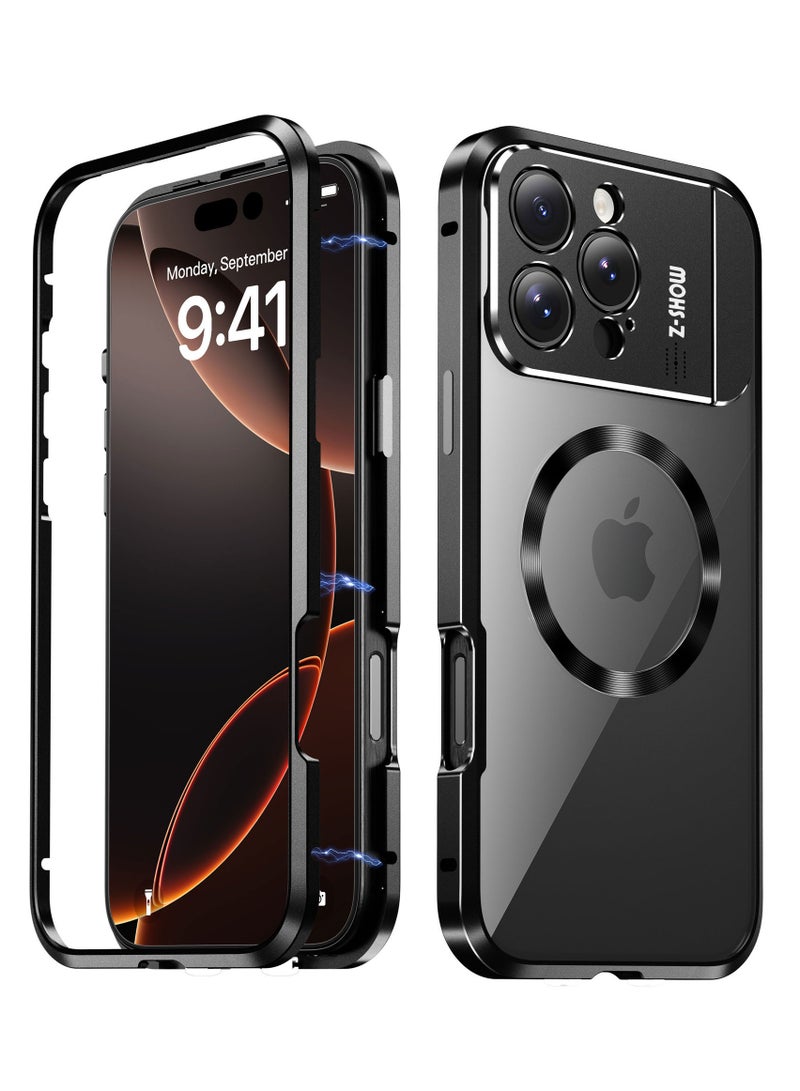 general Case for iPhone 16 Pro Max with Camera Invisible Stand [Compatible with MagSafe] 360 Degree Protection Magnetic Absorption Metal Bumper Front Glass and Back PC Cover