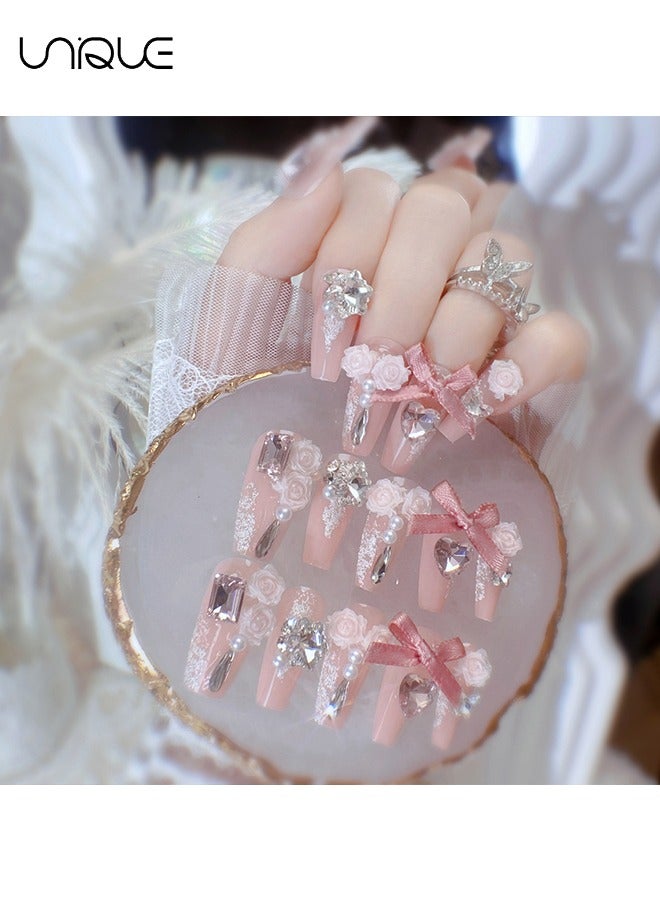 Unique 24Pcs Fake Nails, Press Nails, Mid-length Ballet Manicure - Pink Pearl Manicure - Diamond-encrusted Rose Manicure - Fake Nail Patch - Image 4