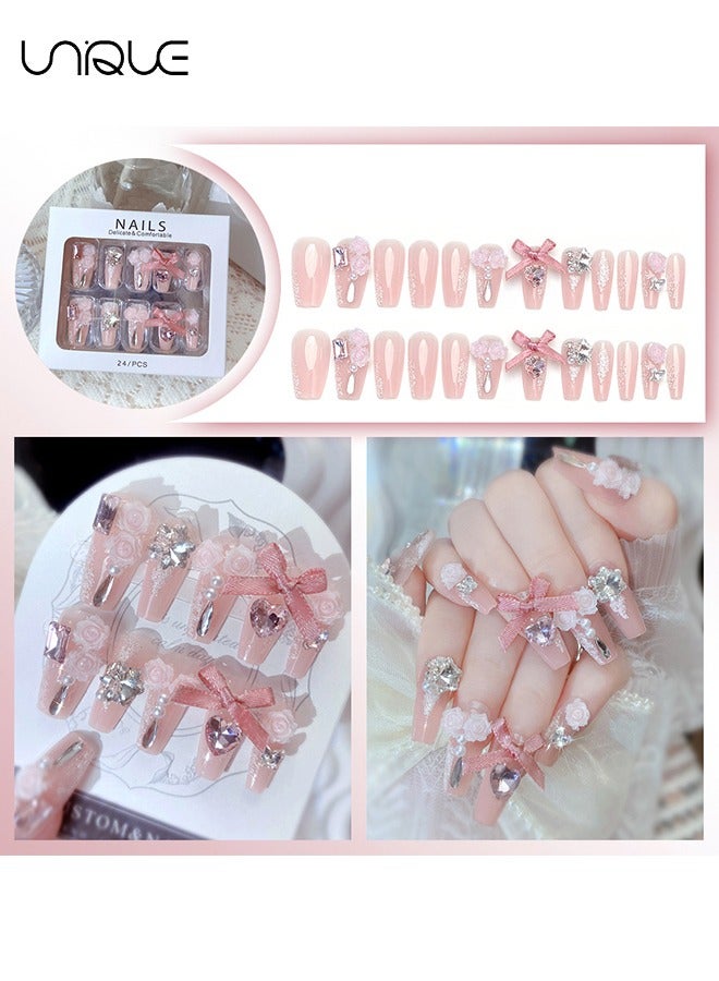 Unique 24Pcs Fake Nails, Press Nails, Mid-length Ballet Manicure - Pink Pearl Manicure - Diamond-encrusted Rose Manicure - Fake Nail Patch - Image 2