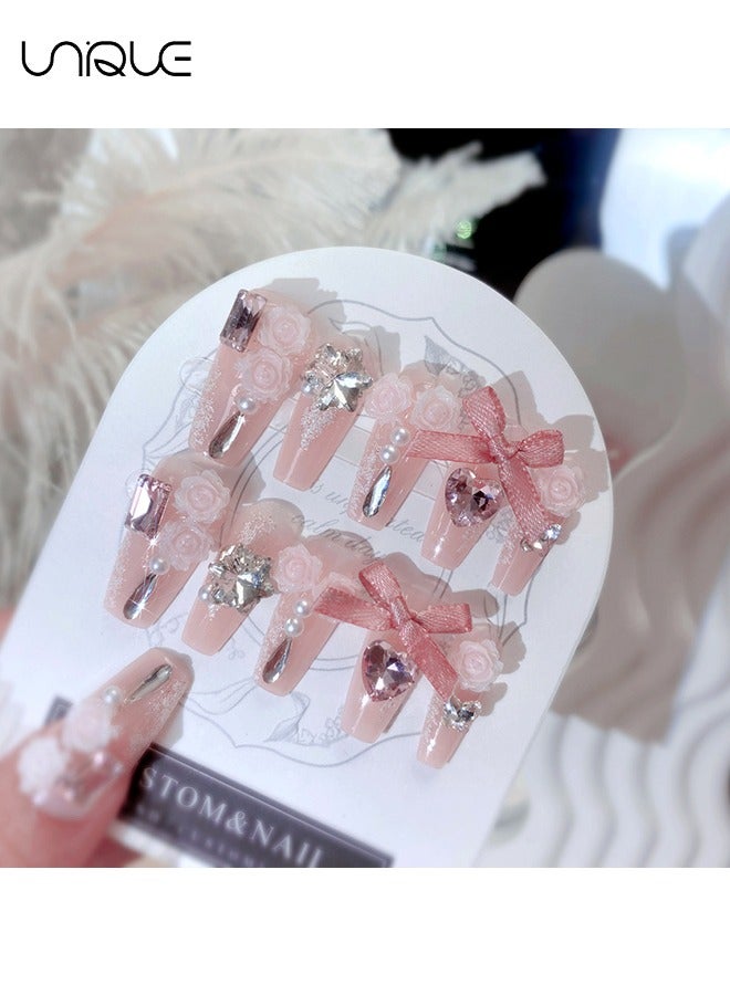 Unique 24Pcs Fake Nails, Press Nails, Mid-length Ballet Manicure - Pink Pearl Manicure - Diamond-encrusted Rose Manicure - Fake Nail Patch - Image 3