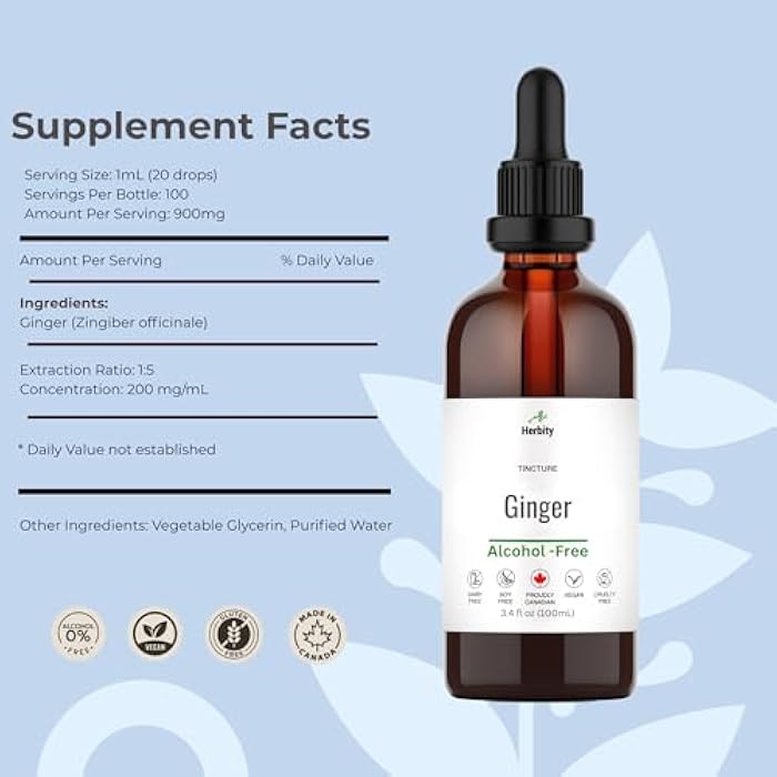 Herbity Ginger Tincture – Alcohol-Free Herbal Supplement for Digestion, Nausea & Immune Support – Vegan, Glycerin-Based Extract – 3.4 fl oz (100 mL) - Image 2