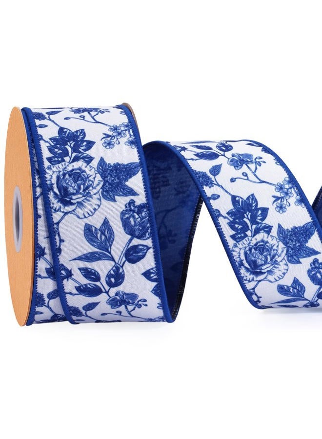 Laribbons Blue Floral Wired Ribbon, 2.5 Inch x 10 Yards, Spring Flower Ribbon for Wreath Making, Bows, Crafts & Home Decor - Image 1