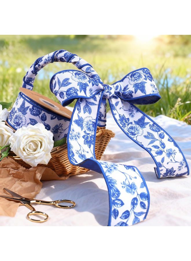 Laribbons Blue Floral Wired Ribbon, 2.5 Inch x 10 Yards, Spring Flower Ribbon for Wreath Making, Bows, Crafts & Home Decor - Image 3