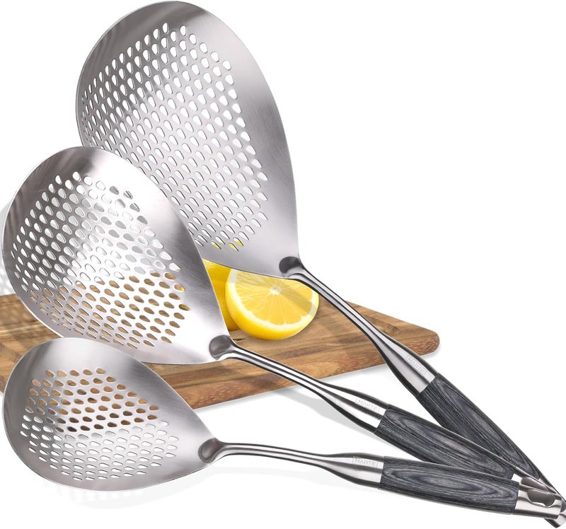 Marte Skimmer Slotted Spoon Set of 3 - Stainless Steel Pasta Tools Spider Strainer Ladle Spoon with Wooden Handle for Cooking and Frying - Kitchen Utensils Spaghetti Strainer Colander - 14.8In,16.5In,17In - Image 1