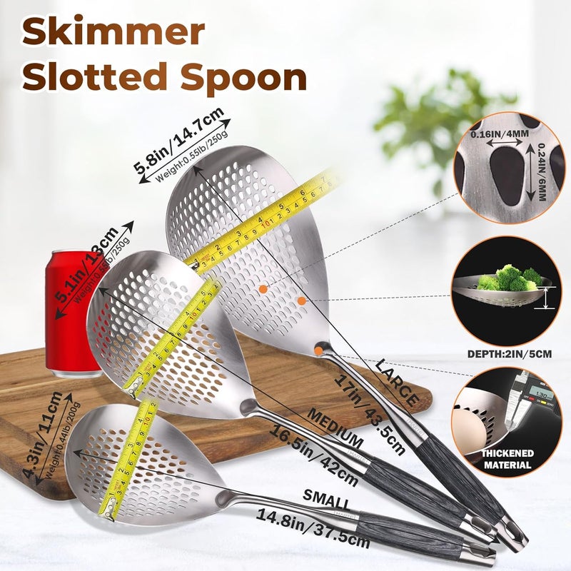 Marte Skimmer Slotted Spoon Set of 3 - Stainless Steel Pasta Tools Spider Strainer Ladle Spoon with Wooden Handle for Cooking and Frying - Kitchen Utensils Spaghetti Strainer Colander - 14.8In,16.5In,17In - Image 2