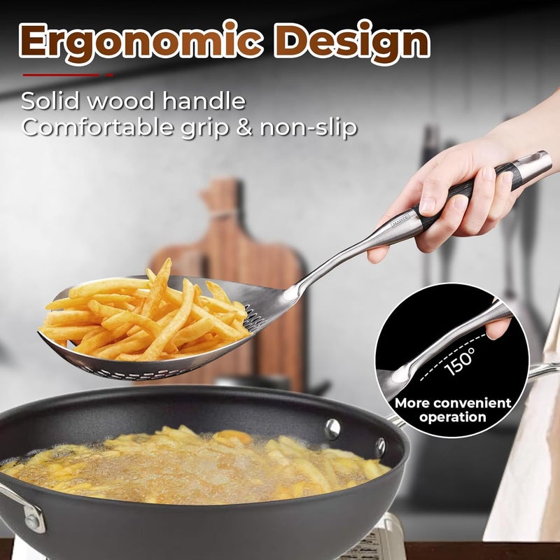 Marte Skimmer Slotted Spoon Set of 3 - Stainless Steel Pasta Tools Spider Strainer Ladle Spoon with Wooden Handle for Cooking and Frying - Kitchen Utensils Spaghetti Strainer Colander - 14.8In,16.5In,17In - Image 4