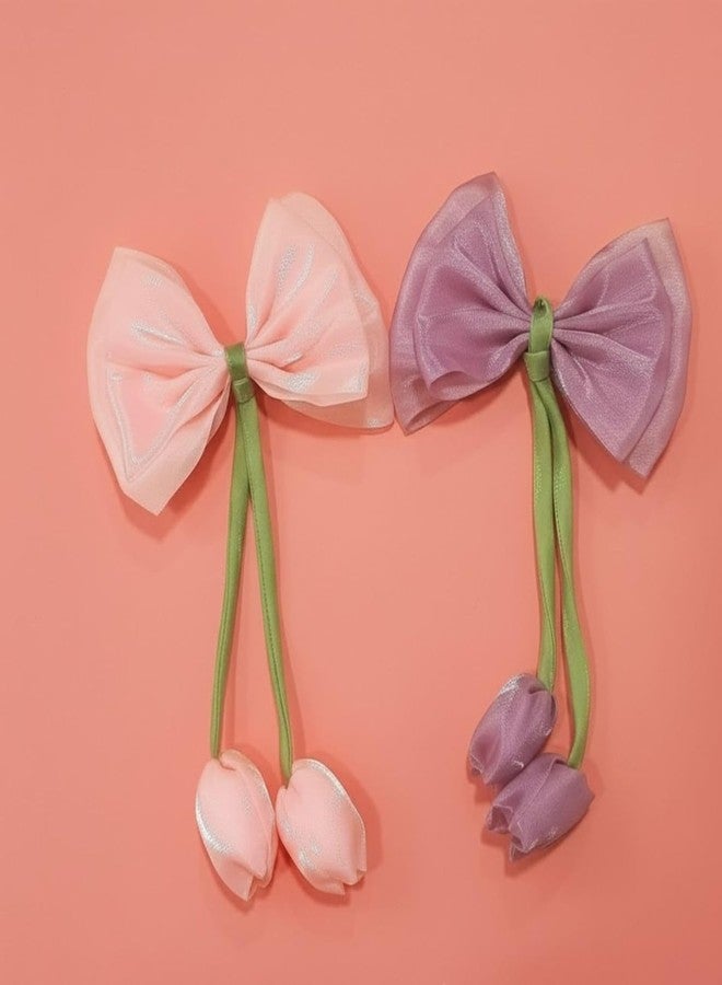 WECROO Cute Bow Hair Clips for Women & Girls | Soft Organza Bow Hair Pin with Floral Tassel | Stylish Hair Accessories for Party, Gifting | Elegant Hair Clip Set Pack of 4 - Image 2