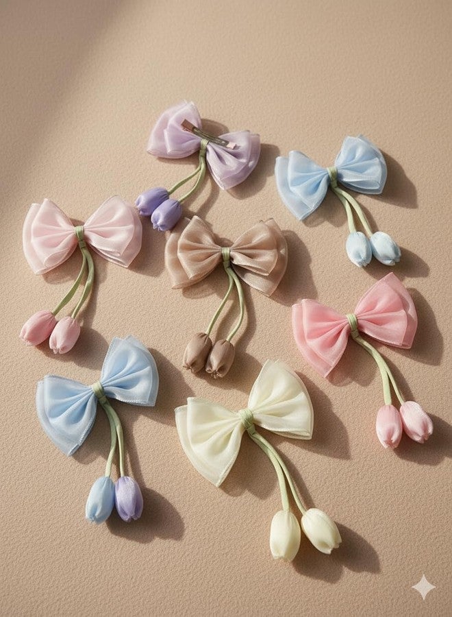 WECROO Cute Bow Hair Clips for Women & Girls | Soft Organza Bow Hair Pin with Floral Tassel | Stylish Hair Accessories for Party, Gifting | Elegant Hair Clip Set Pack of 4 - Image 1