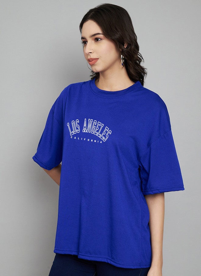 TREND LEVEL Blue Typography Printed Drop-Shoulder Oversized T-shirt for Women - Image 3