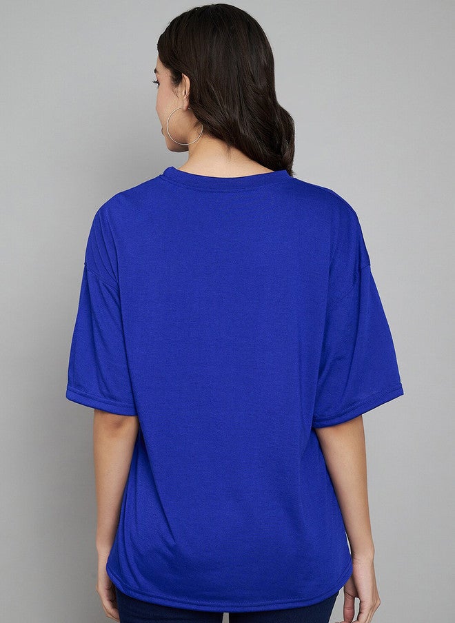 TREND LEVEL Blue Typography Printed Drop-Shoulder Oversized T-shirt for Women - Image 4