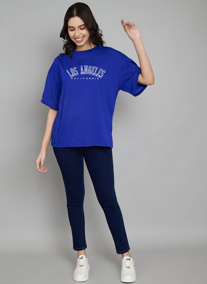 TREND LEVEL Blue Typography Printed Drop-Shoulder Oversized T-shirt for Women - Image 5
