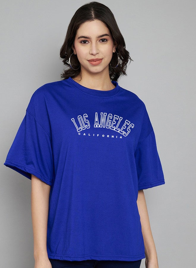TREND LEVEL Blue Typography Printed Drop-Shoulder Oversized T-shirt for Women - Image 1