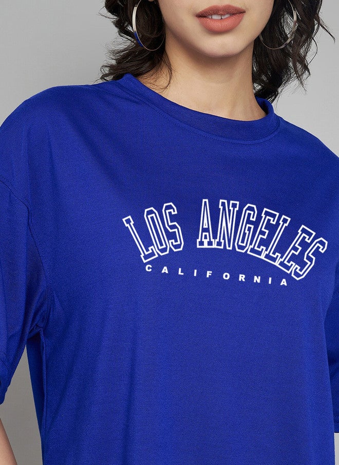 TREND LEVEL Blue Typography Printed Drop-Shoulder Oversized T-shirt for Women - Image 2