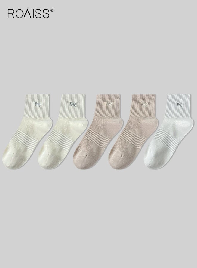 roaiss 5 Pairs Women's Mid-Calf Socks, Anti-Slip Fine Mesh Breathable Cotton Socks with Bow, Women's Mid-Calf Socks Solid Color Minimalist Versatile Style - Image 1