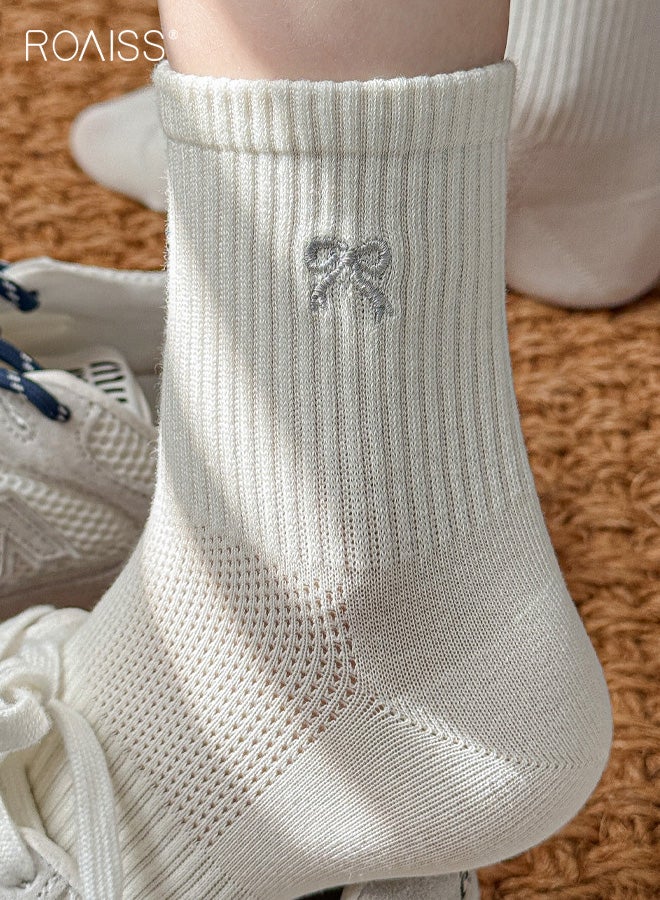 roaiss 5 Pairs Women's Mid-Calf Socks, Anti-Slip Fine Mesh Breathable Cotton Socks with Bow, Women's Mid-Calf Socks Solid Color Minimalist Versatile Style - Image 5