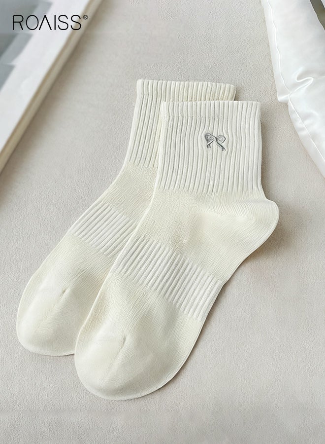 roaiss 5 Pairs Women's Mid-Calf Socks, Anti-Slip Fine Mesh Breathable Cotton Socks with Bow, Women's Mid-Calf Socks Solid Color Minimalist Versatile Style - Image 3