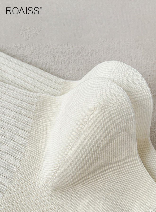 roaiss 5 Pairs Women's Mid-Calf Socks, Anti-Slip Fine Mesh Breathable Cotton Socks with Bow, Women's Mid-Calf Socks Solid Color Minimalist Versatile Style - Image 2