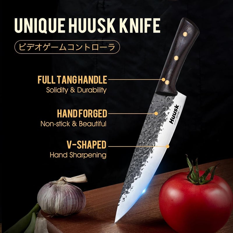 Huusk 8-inch Chef Knife from Japan, Professional Hand Forged Kitchen Knives, Japanese Gyutou Chef Knives, High Carbon Steel Cooking Knife for Meat Sushi Vegetables, Christmas Gifts for Men Women - Image 4