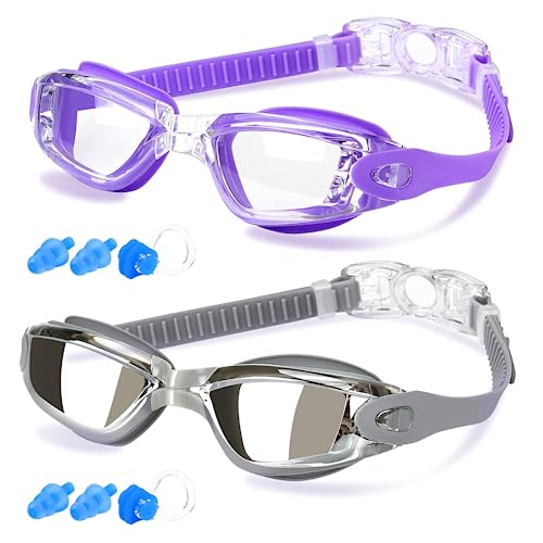 COOLOO Swim Goggles Men, 2 Pack Swimming Goggles for Women Kids Adult Anti-Fog, Purple & Gray - Image 1