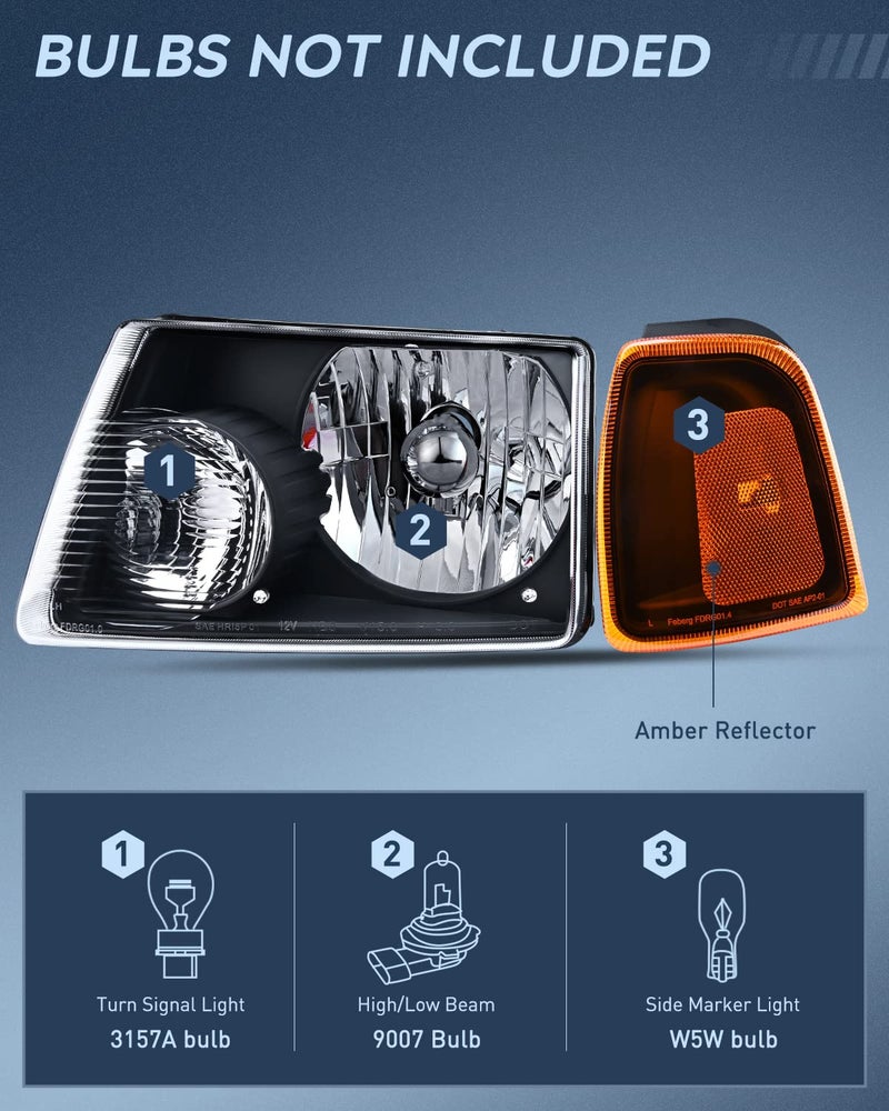 Nilight Headlight Assembly for 2001 2002 2003 2004 2005 2006 2007 2008 2009 2010 2011 Ford Ranger Replacement Headlamp Black Housing Amber Reflector - Image 2