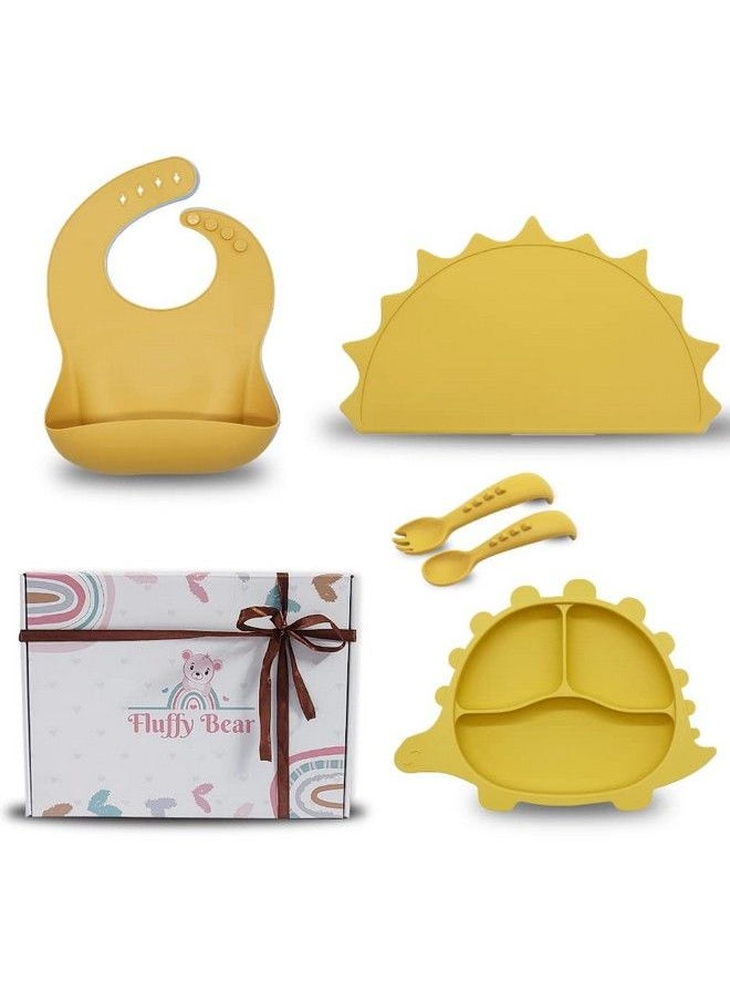 Fluffy Bear ™ Baby Feeding Setfood Grade Silicone ; Placemat Suction Plate Silicone Spoon Fork Adjustable Bib5Pcs Kids Tableware Kit Microwave Safe Nontoxic Bpa Free Gift Set (Dino)  - Image 2