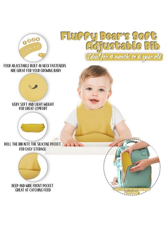 Fluffy Bear ™ Baby Feeding Setfood Grade Silicone ; Placemat Suction Plate Silicone Spoon Fork Adjustable Bib5Pcs Kids Tableware Kit Microwave Safe Nontoxic Bpa Free Gift Set (Dino)  - Image 4