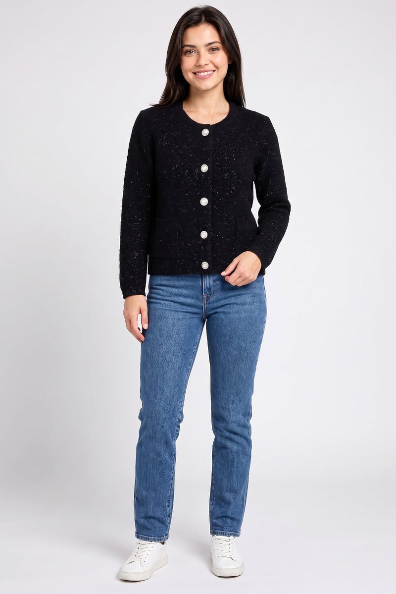 Walter Baker Women Long Sleeve Metallic Cardigan, Black - Image 2