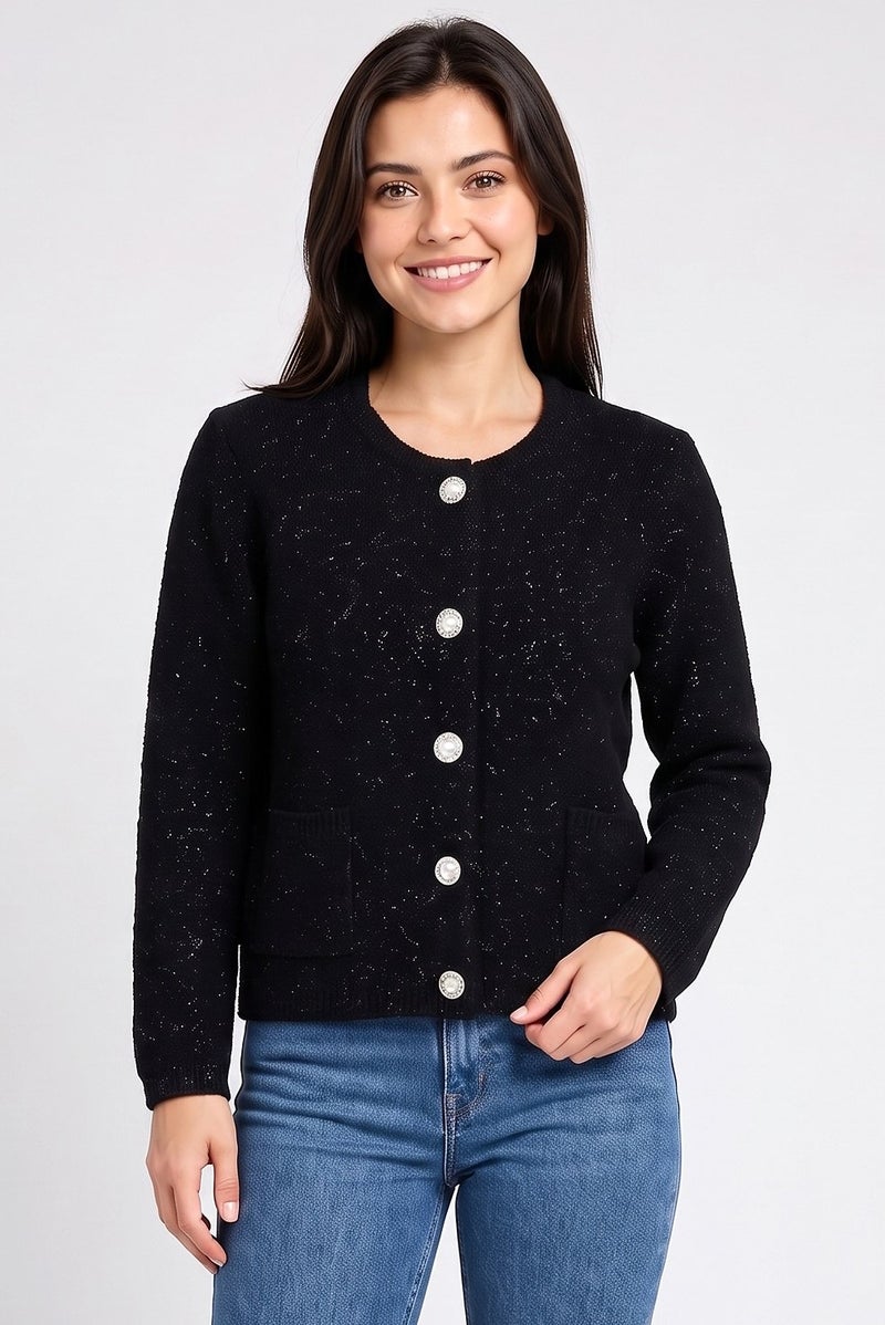 Walter Baker Women Long Sleeve Metallic Cardigan, Black - Image 1