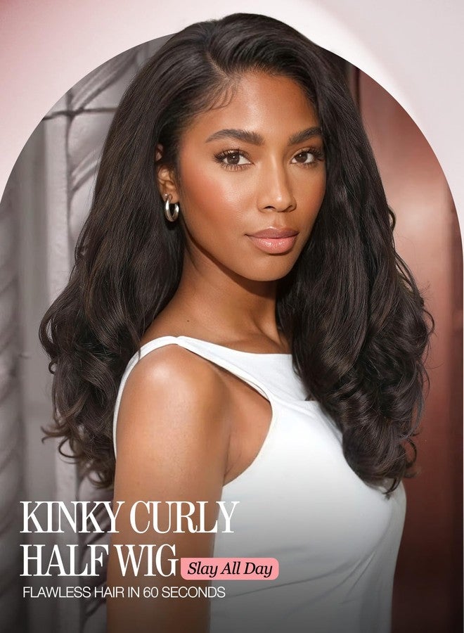quickwig Yaki Curly Half Wig Body Wave Glueless Wigs 3 In 1 Seamless Kinky Half Wigs for Black Women Dark Brown Synthetic Headband Wig with Curly Ends 18 Inch - Image 4