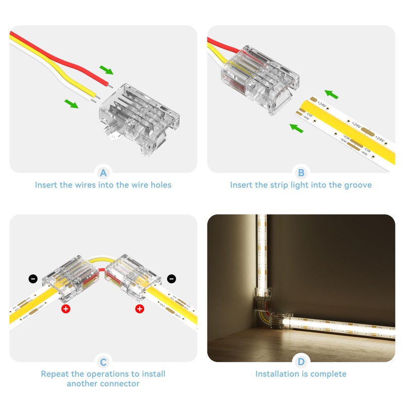 PAUTIX 10mm Connectors for 3-Pin CCT COB LED Strip Lights,20pcs Strip to Wire Connectors,10ft(305cm) Long 22AWG Extension 3 Wires for Non-Wired Gapless Solderless,5V 12V 24V LED Strip Lights Jumper - Image 5