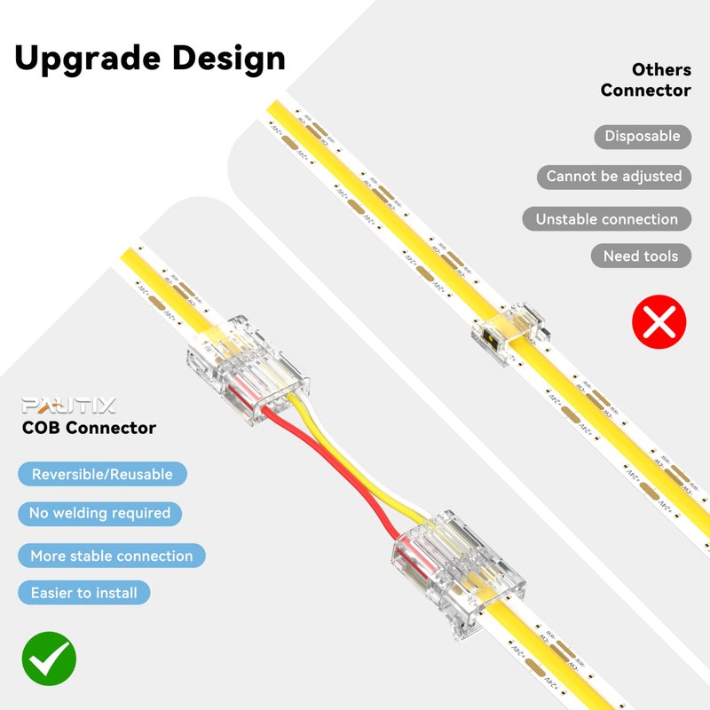 PAUTIX 10mm Connectors for 3-Pin CCT COB LED Strip Lights,20pcs Strip to Wire Connectors,10ft(305cm) Long 22AWG Extension 3 Wires for Non-Wired Gapless Solderless,5V 12V 24V LED Strip Lights Jumper - Image 4