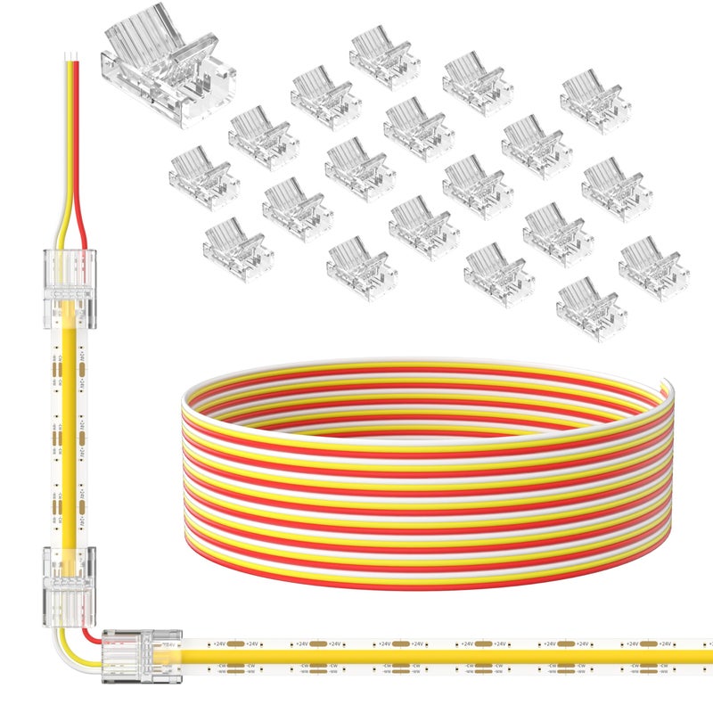 PAUTIX 10mm Connectors for 3-Pin CCT COB LED Strip Lights,20pcs Strip to Wire Connectors,10ft(305cm) Long 22AWG Extension 3 Wires for Non-Wired Gapless Solderless,5V 12V 24V LED Strip Lights Jumper - Image 1