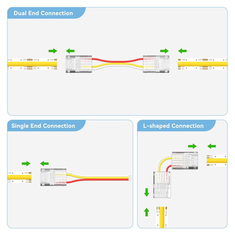 PAUTIX 10mm Connectors for 3-Pin CCT COB LED Strip Lights,20pcs Strip to Wire Connectors,10ft(305cm) Long 22AWG Extension 3 Wires for Non-Wired Gapless Solderless,5V 12V 24V LED Strip Lights Jumper - Image 2
