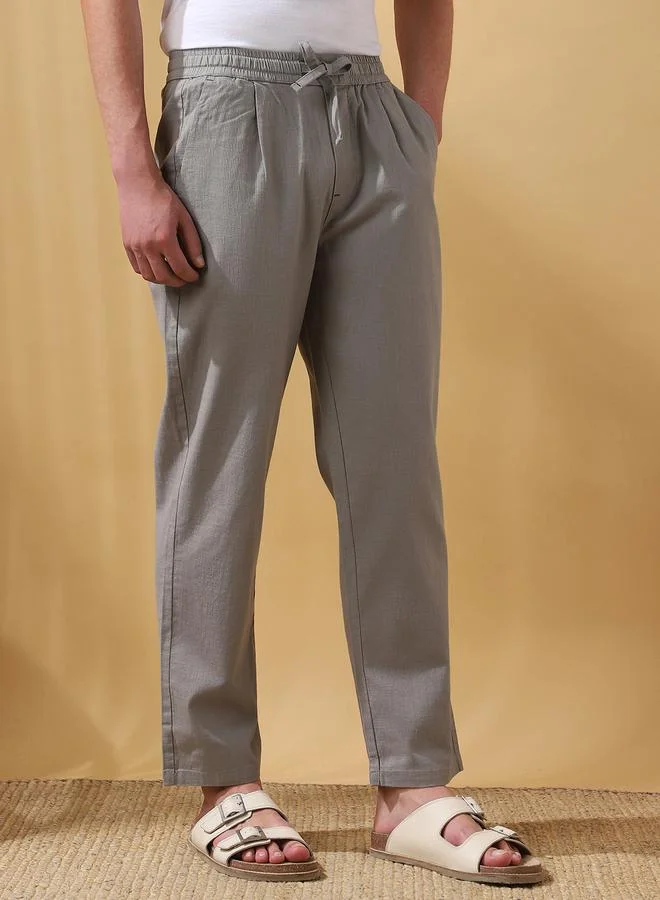 Dennis Lingo Men's Grey 100% Cotton Solid Pattern Full Length Pleat Front Straight Fit Trouser