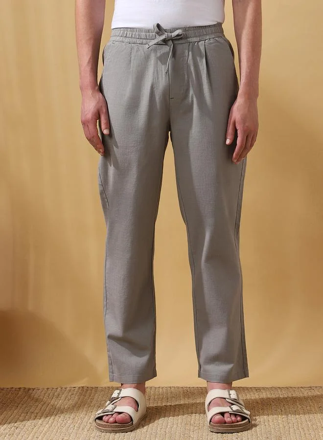 Dennis Lingo Men's Grey 100% Cotton Solid Pattern Full Length Pleat Front Straight Fit Trouser