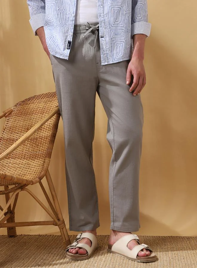 Dennis Lingo Men's Grey 100% Cotton Solid Pattern Full Length Pleat Front Straight Fit Trouser