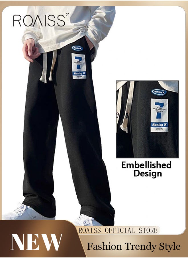 roaiss Men's Sports Long Pants Waffle Fabrics Loose Fit Casual Pants Men Straight Wide-Leg Embroidered Sweatpants Comfortable Soft Trousers with Elastic Waistband Black  - Image 1