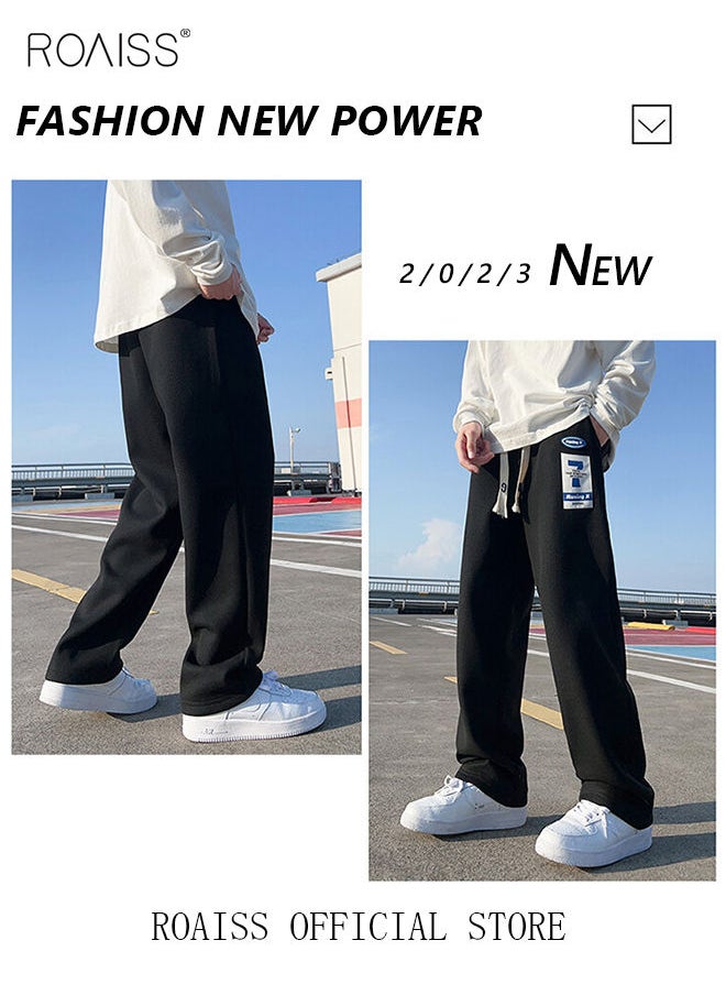 roaiss Men's Sports Long Pants Waffle Fabrics Loose Fit Casual Pants Men Straight Wide-Leg Embroidered Sweatpants Comfortable Soft Trousers with Elastic Waistband Black  - Image 4