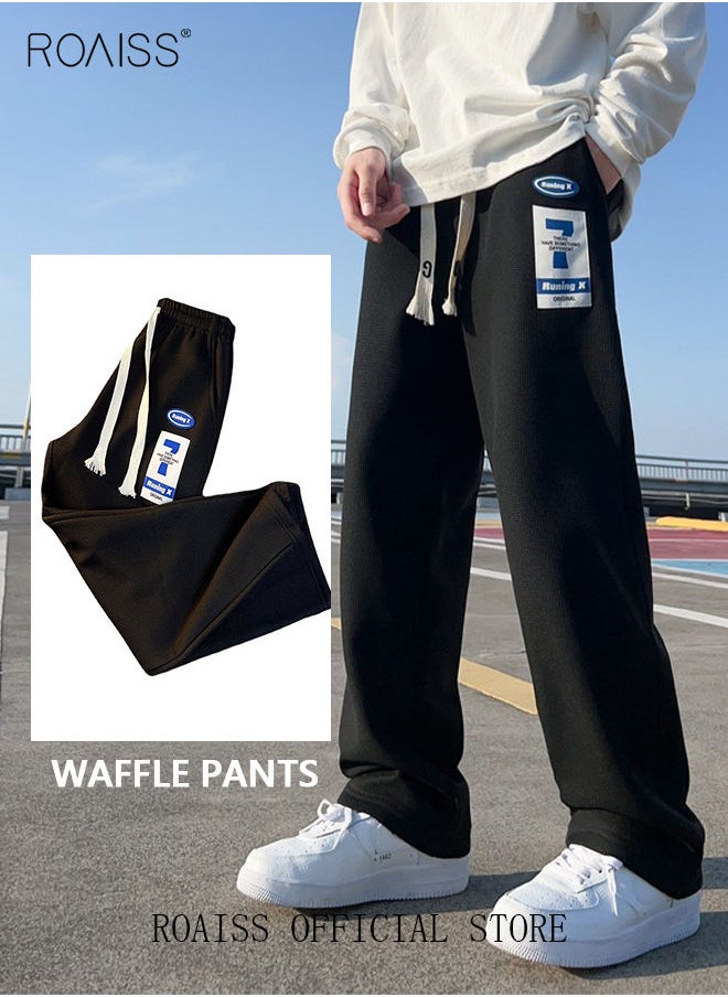 roaiss Men's Sports Long Pants Waffle Fabrics Loose Fit Casual Pants Men Straight Wide-Leg Embroidered Sweatpants Comfortable Soft Trousers with Elastic Waistband Black  - Image 2