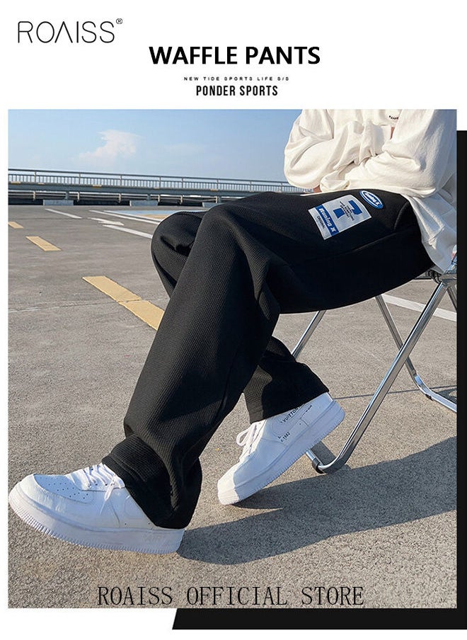 roaiss Men's Sports Long Pants Waffle Fabrics Loose Fit Casual Pants Men Straight Wide-Leg Embroidered Sweatpants Comfortable Soft Trousers with Elastic Waistband Black  - Image 5
