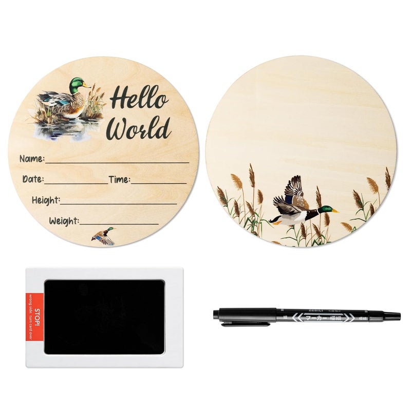 R HORSE Baby Birth Announcement Sign with Marker Pen Mallard Duck Baby Name Sign with Ink Pad for Hand and Footprints Wooden Hello World Newborn Announcement Nursery Decor Keepsake Gifts - Image 1
