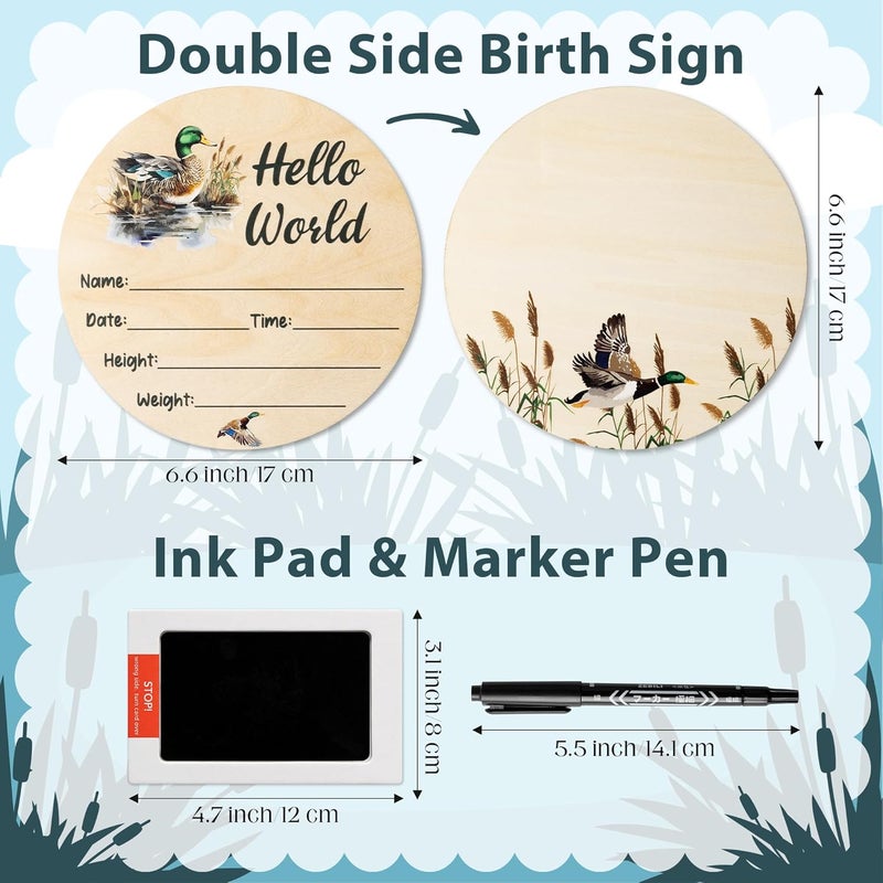 R HORSE Baby Birth Announcement Sign with Marker Pen Mallard Duck Baby Name Sign with Ink Pad for Hand and Footprints Wooden Hello World Newborn Announcement Nursery Decor Keepsake Gifts - Image 2